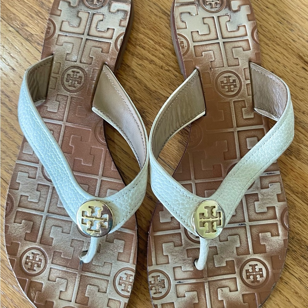 Tory Burch Cream and Brown Flip Flops